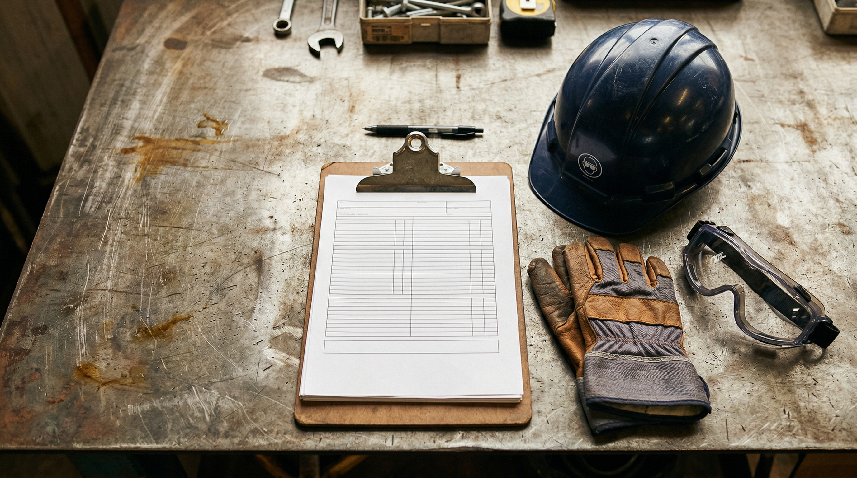 Safety inspection clipboard with hard hat and goggles