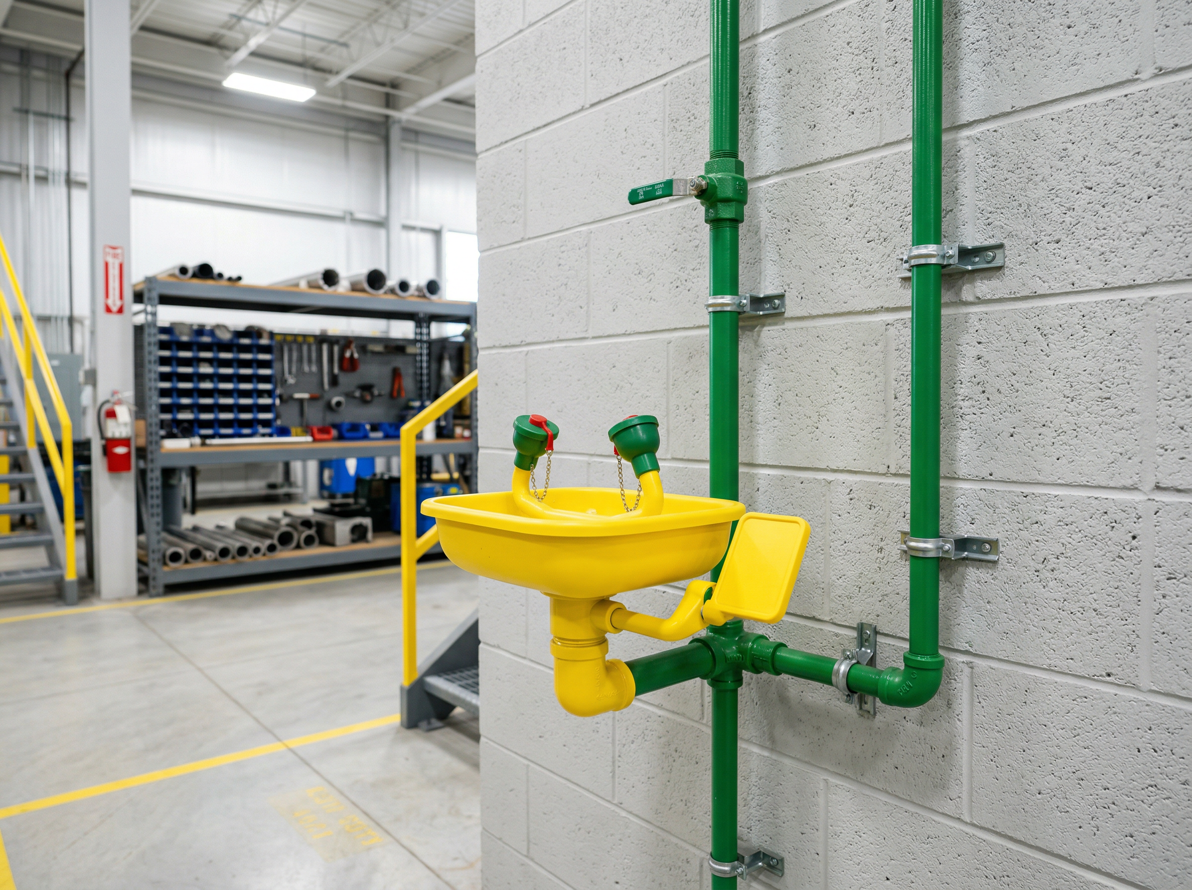 Emergency eyewash station in an industrial facility